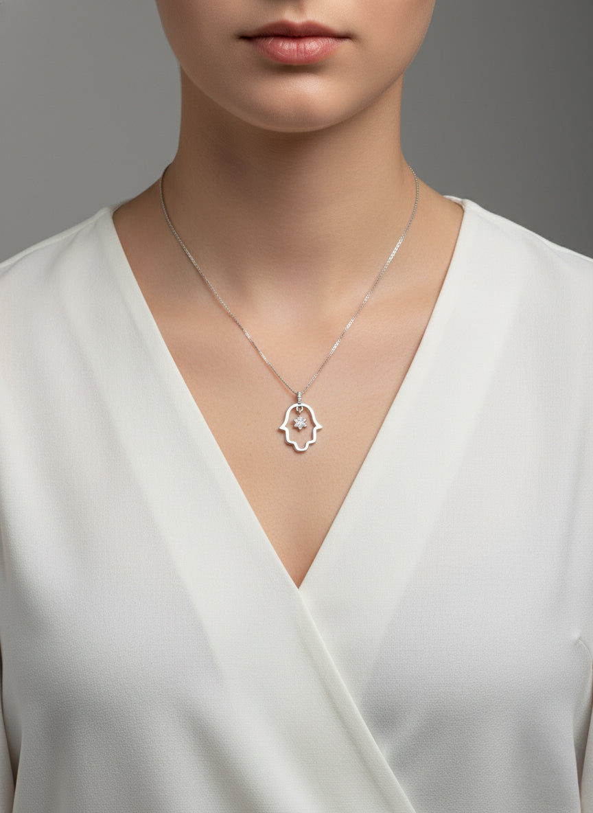 Large Hamsa diamond star of David pendant 14k gold set with natural diamonds