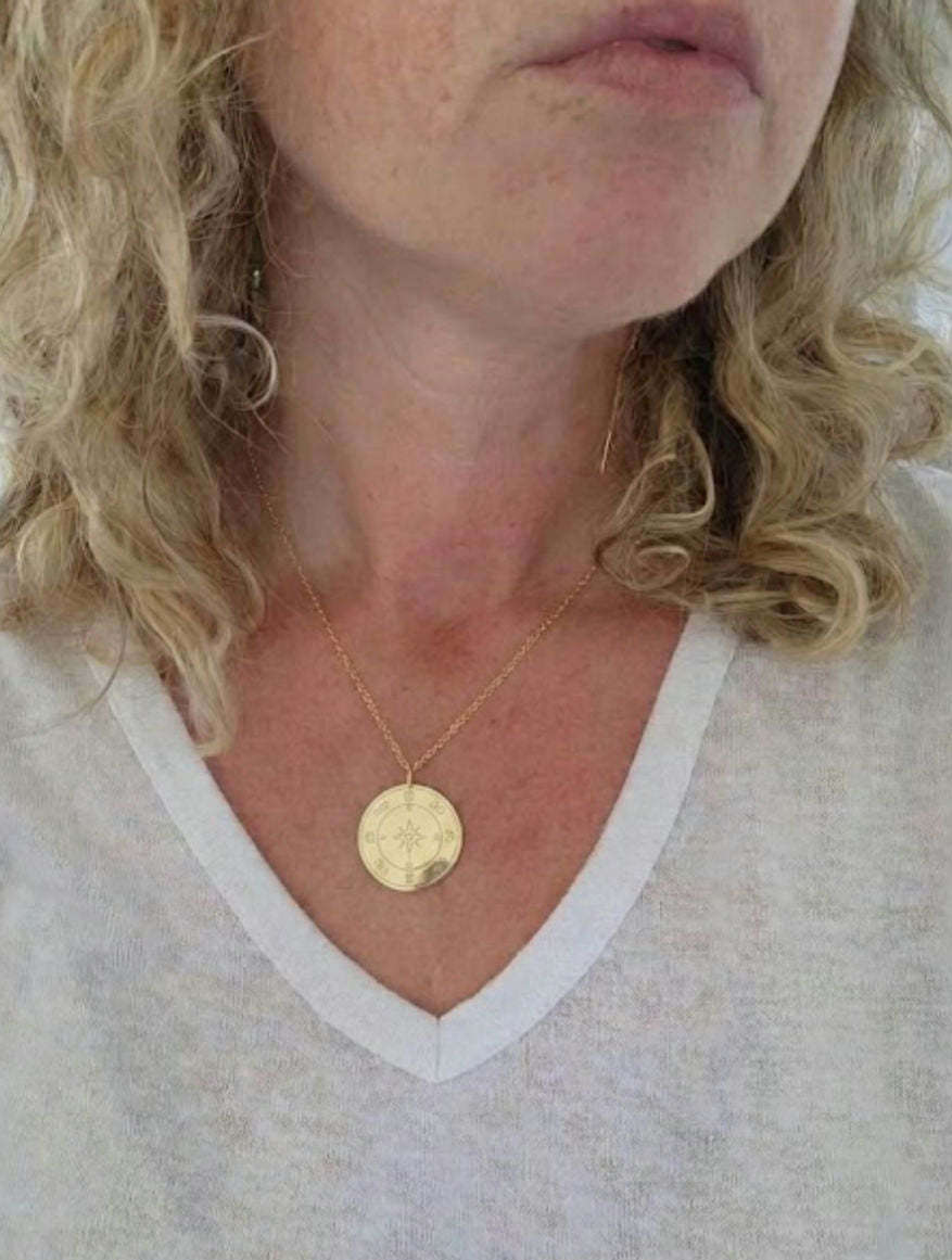 Extra large compas pendant on 14k gold chain