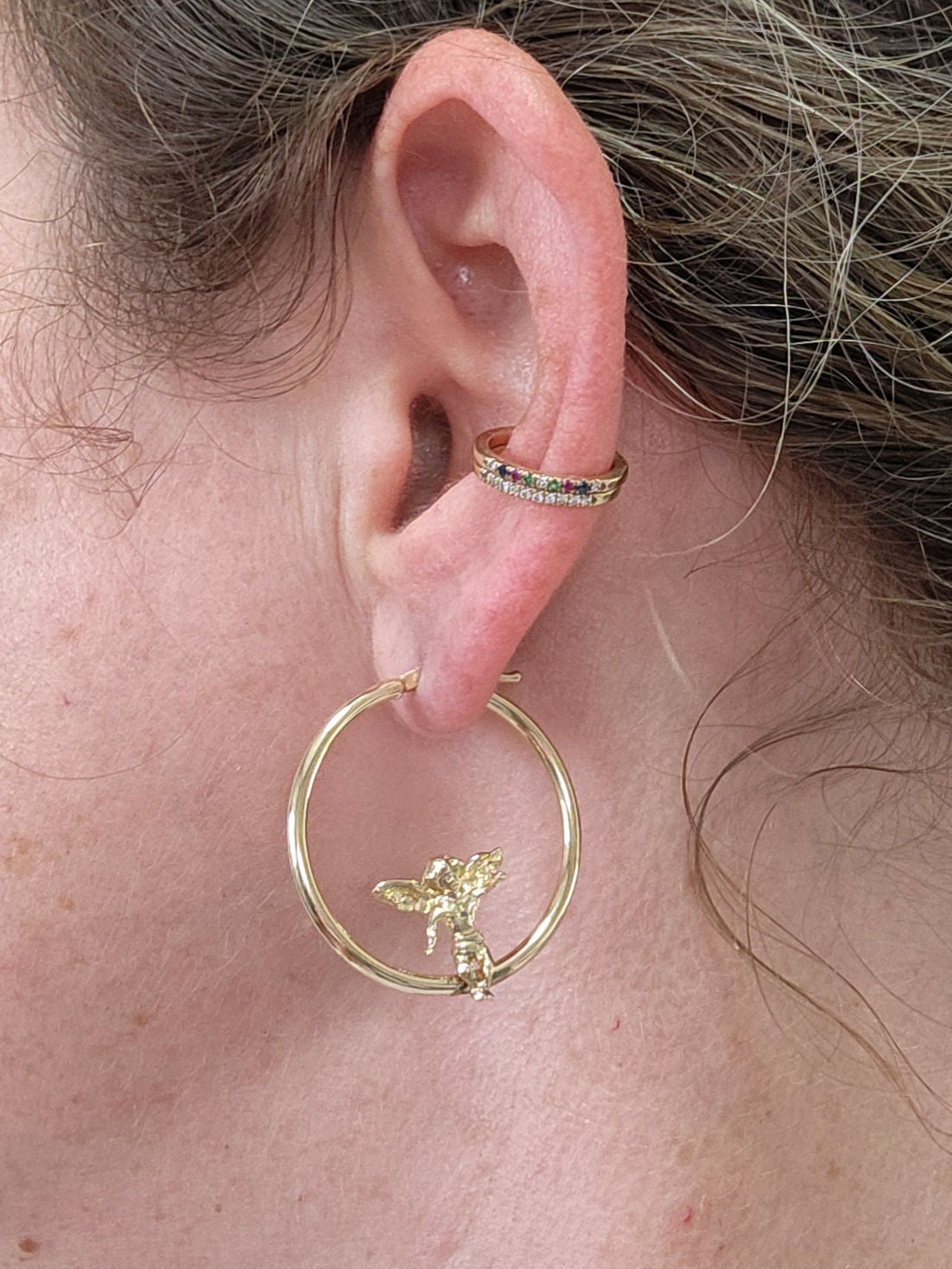 Angel hoop earrings 14k yellow gold.
