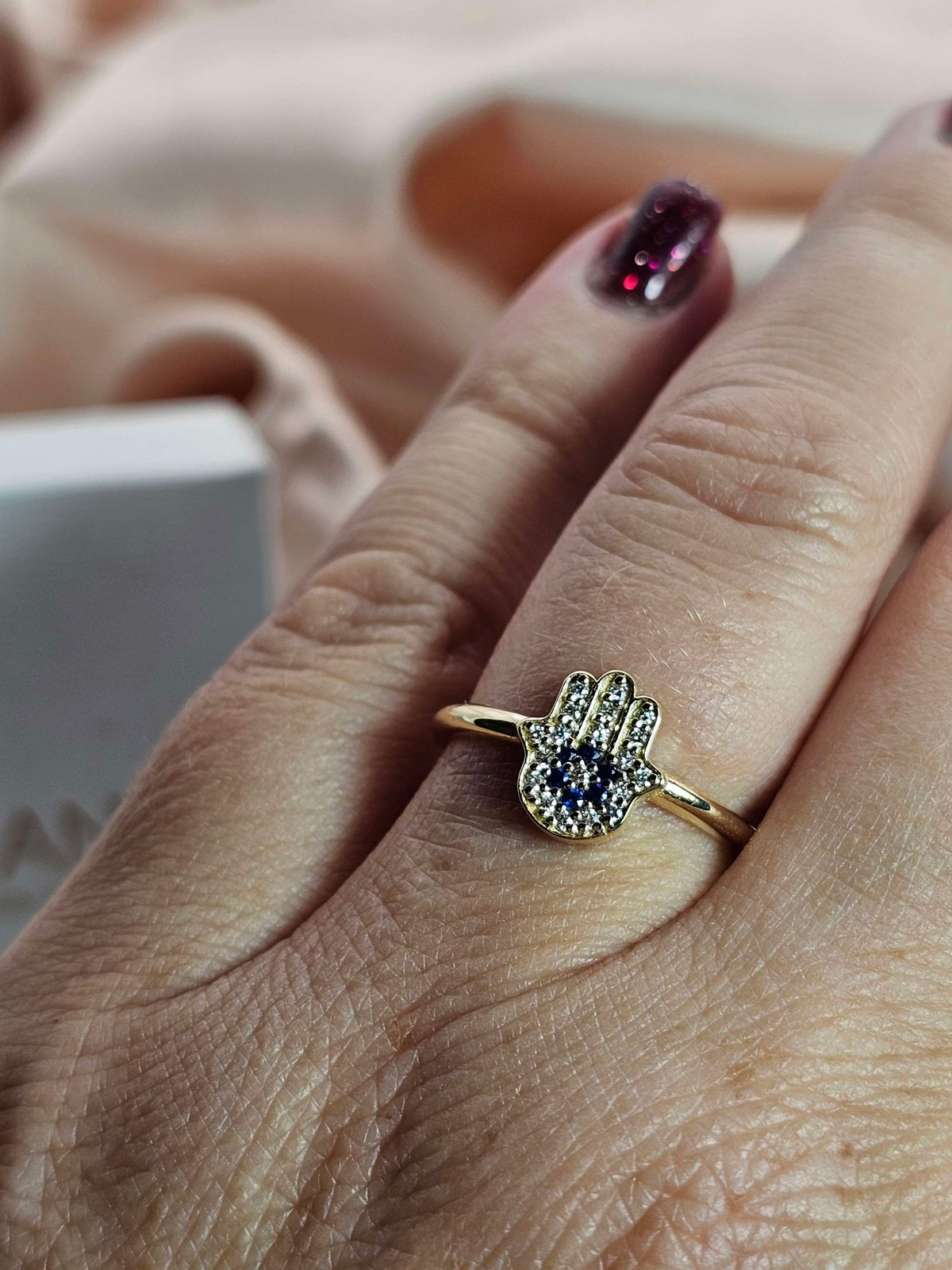 Hamsa ring "Miriam" 14k gold diamonds and sapphires