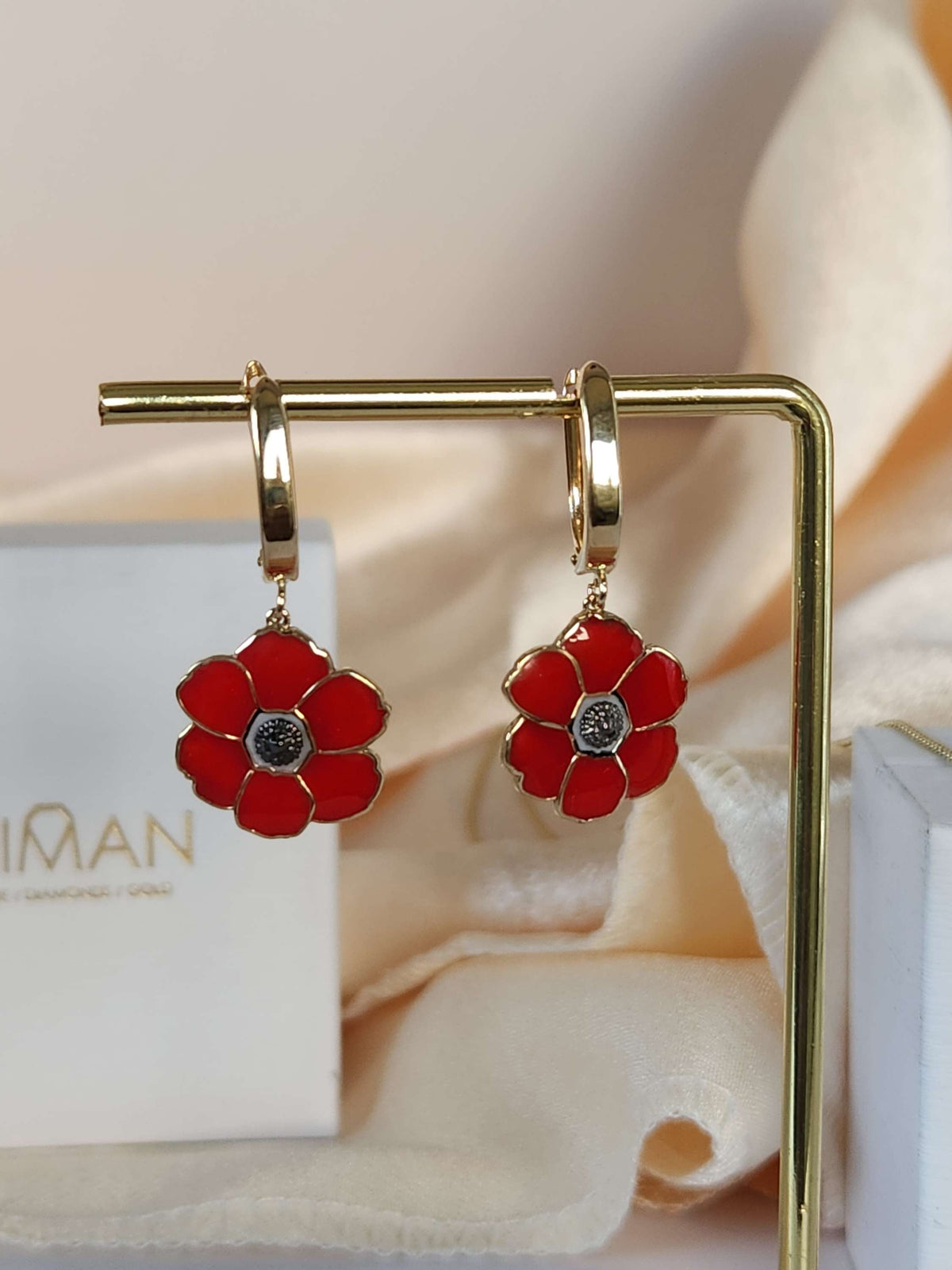Poppyseed earrings 14k yellow gold and enamel.