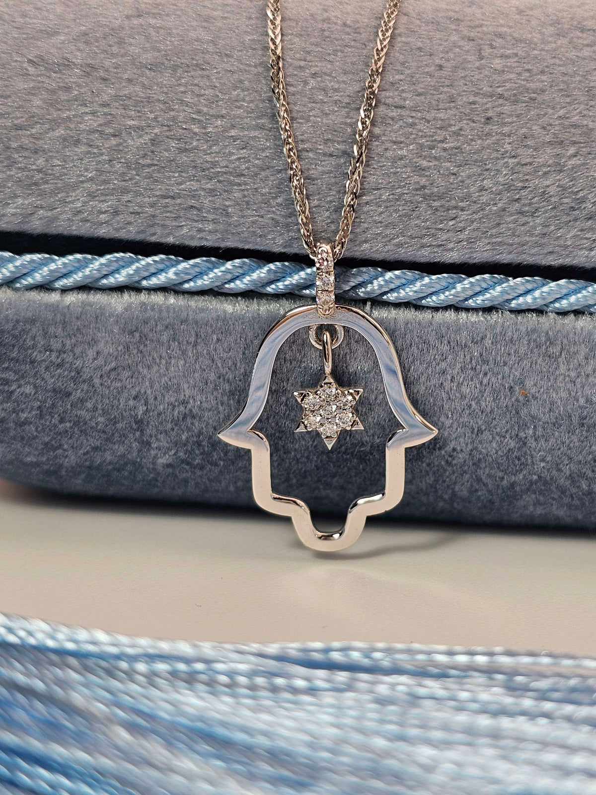 Large Hamsa diamond star of David pendant 14k gold set with natural diamonds