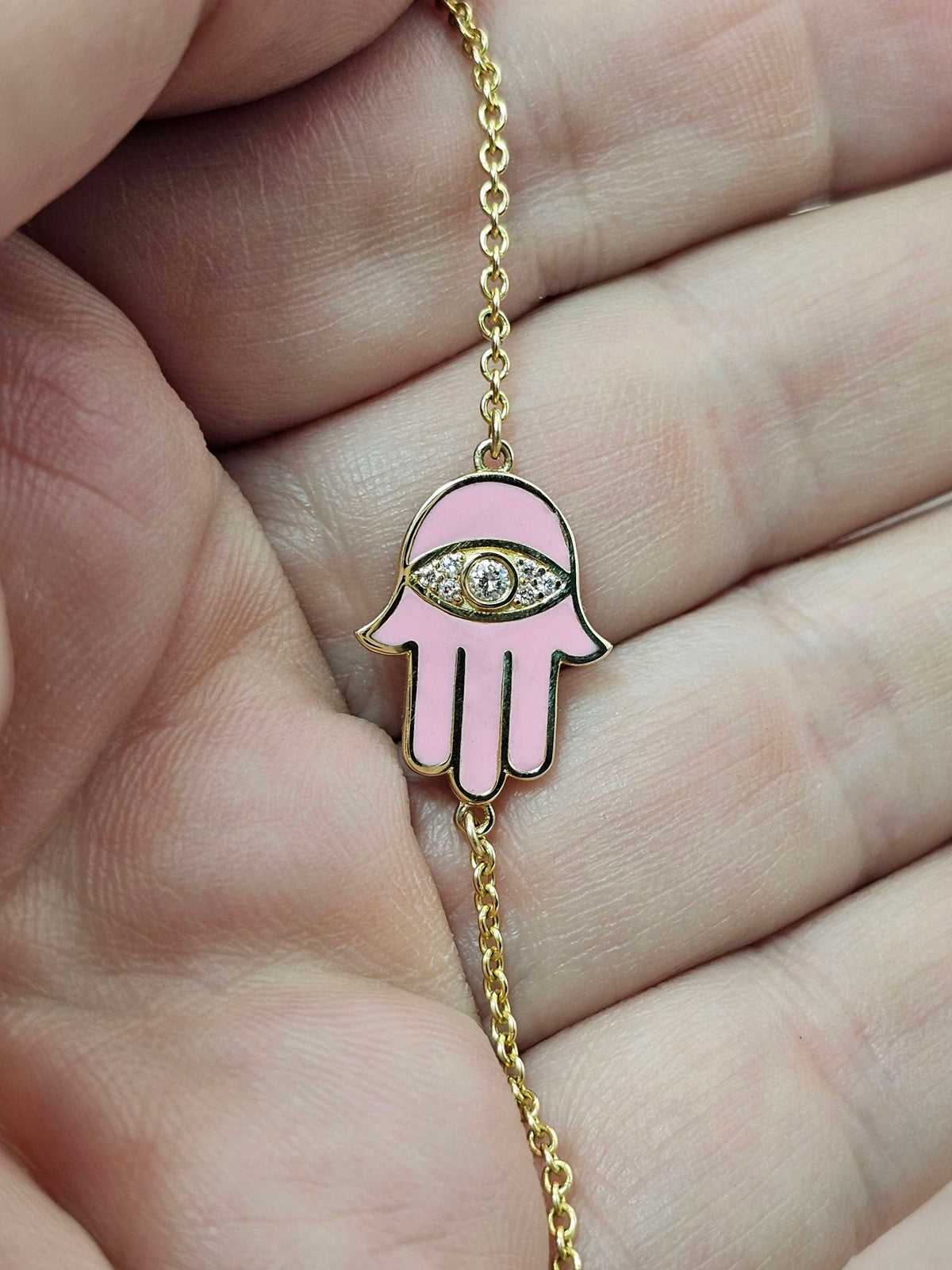 Enamel 14k hamsa necklace set with diamonds on 14k chain