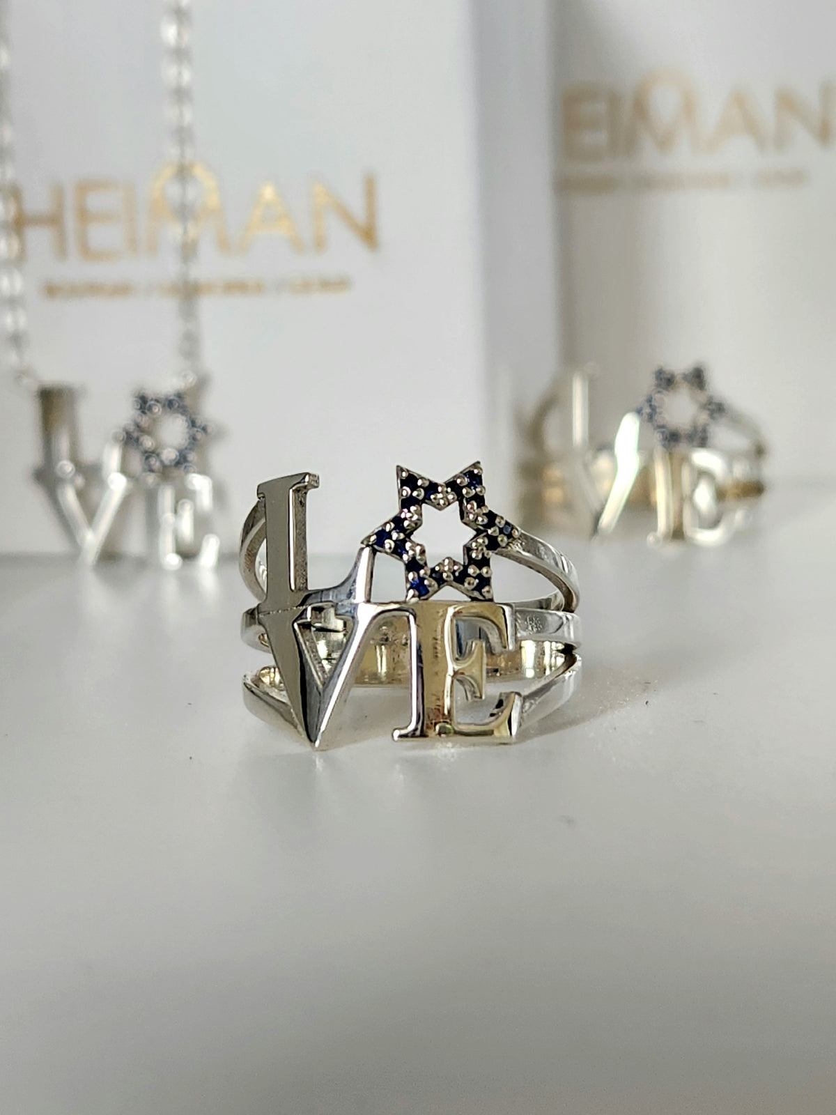 Silver 925 love star of David ring set with Natural sapphires