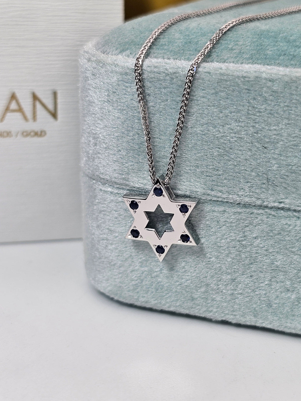 15mm Large Star of David pendant on 14k gold chain set with natural sapphires