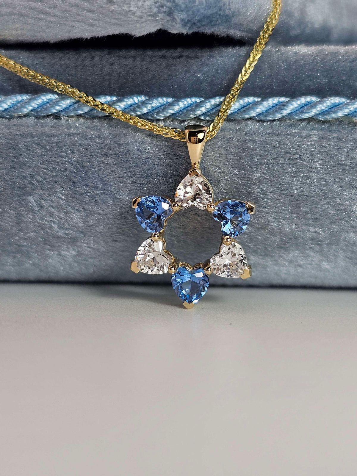"David in love" 14k gold star of David set with 6 heart shaped cz on 14k chain