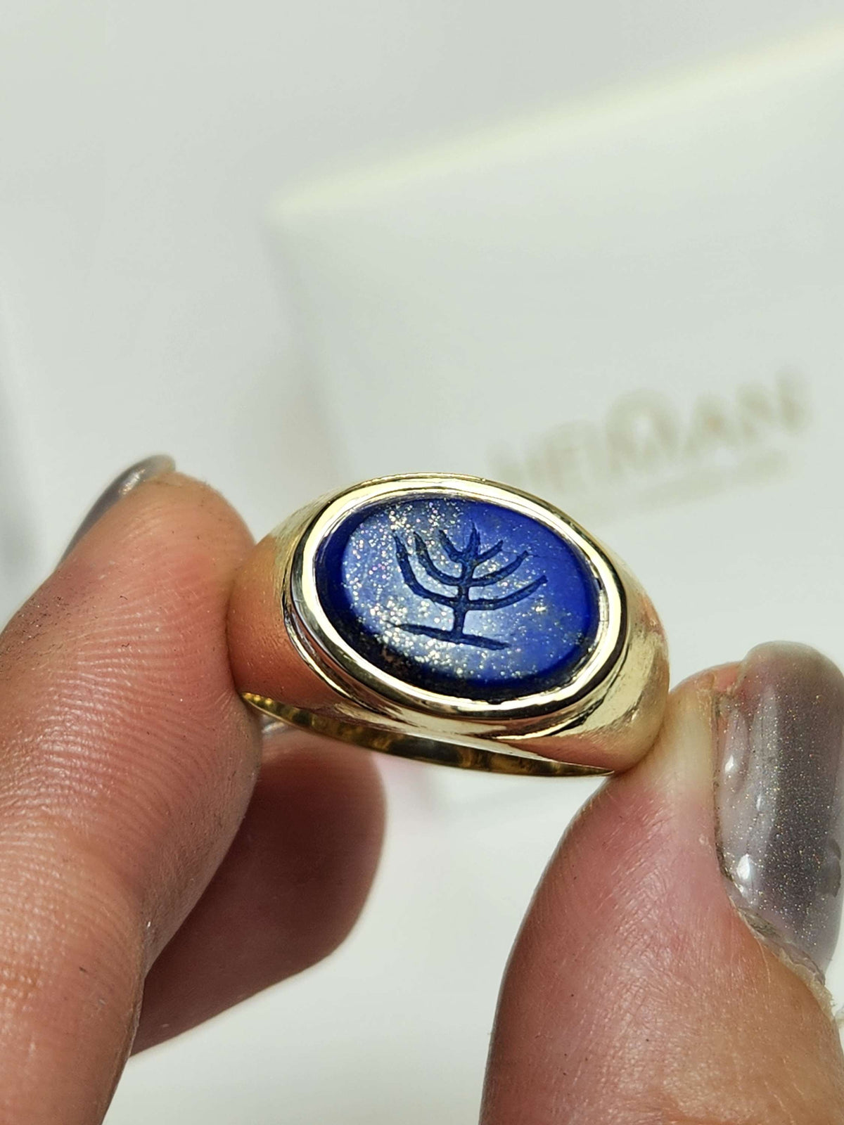 Zack ring 14k gold solid ancient look, set with natural Lapis lazuly engraved