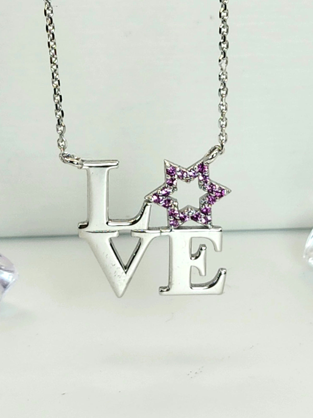 Love star david necklace, set with pink sapphires, 14k white gold