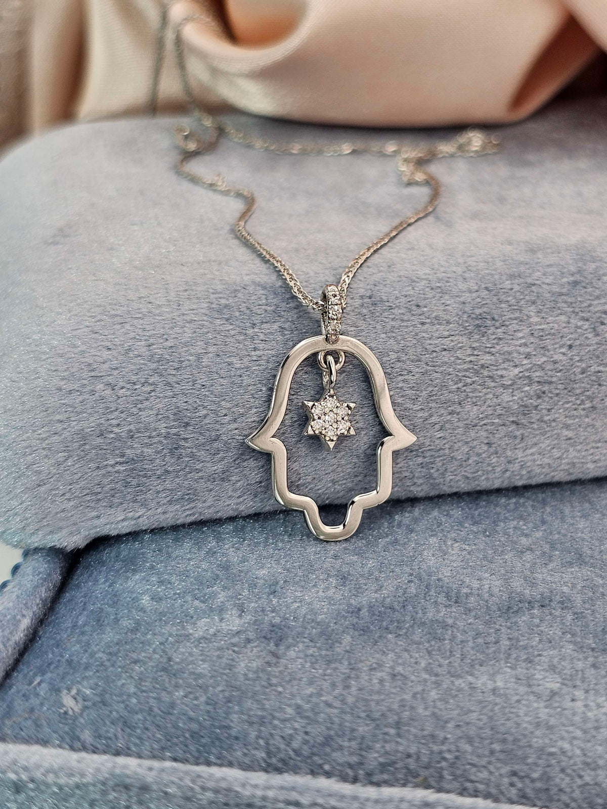 Large Hamsa diamond star of David pendant 14k gold set with natural diamonds