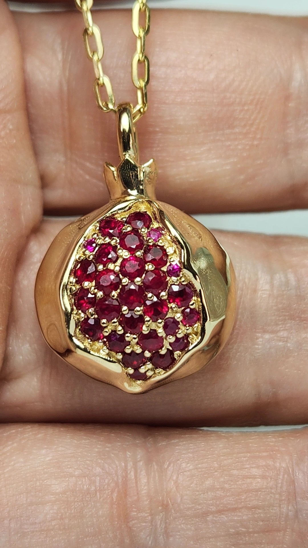 Large pomegranate pendant without a chain pendant only 14k gold set with ruby.
