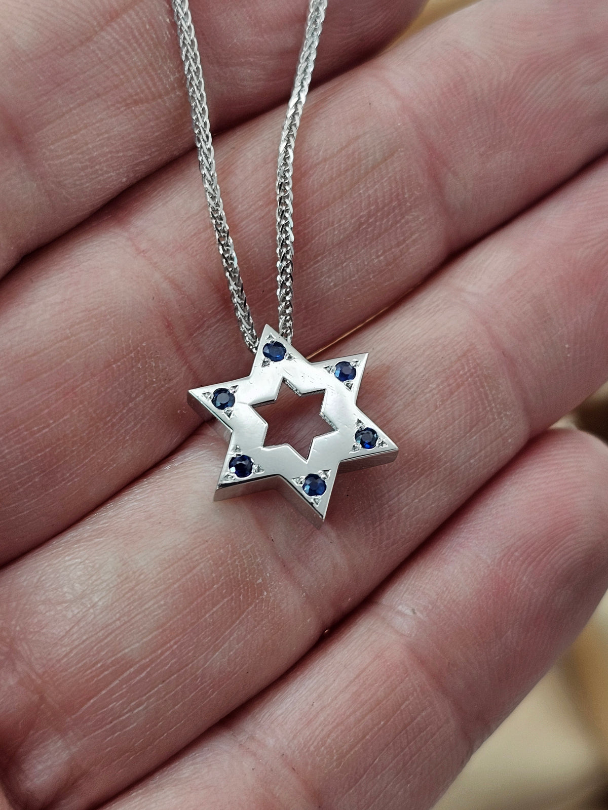15mm Large Star of David pendant on 14k gold chain set with natural sapphires