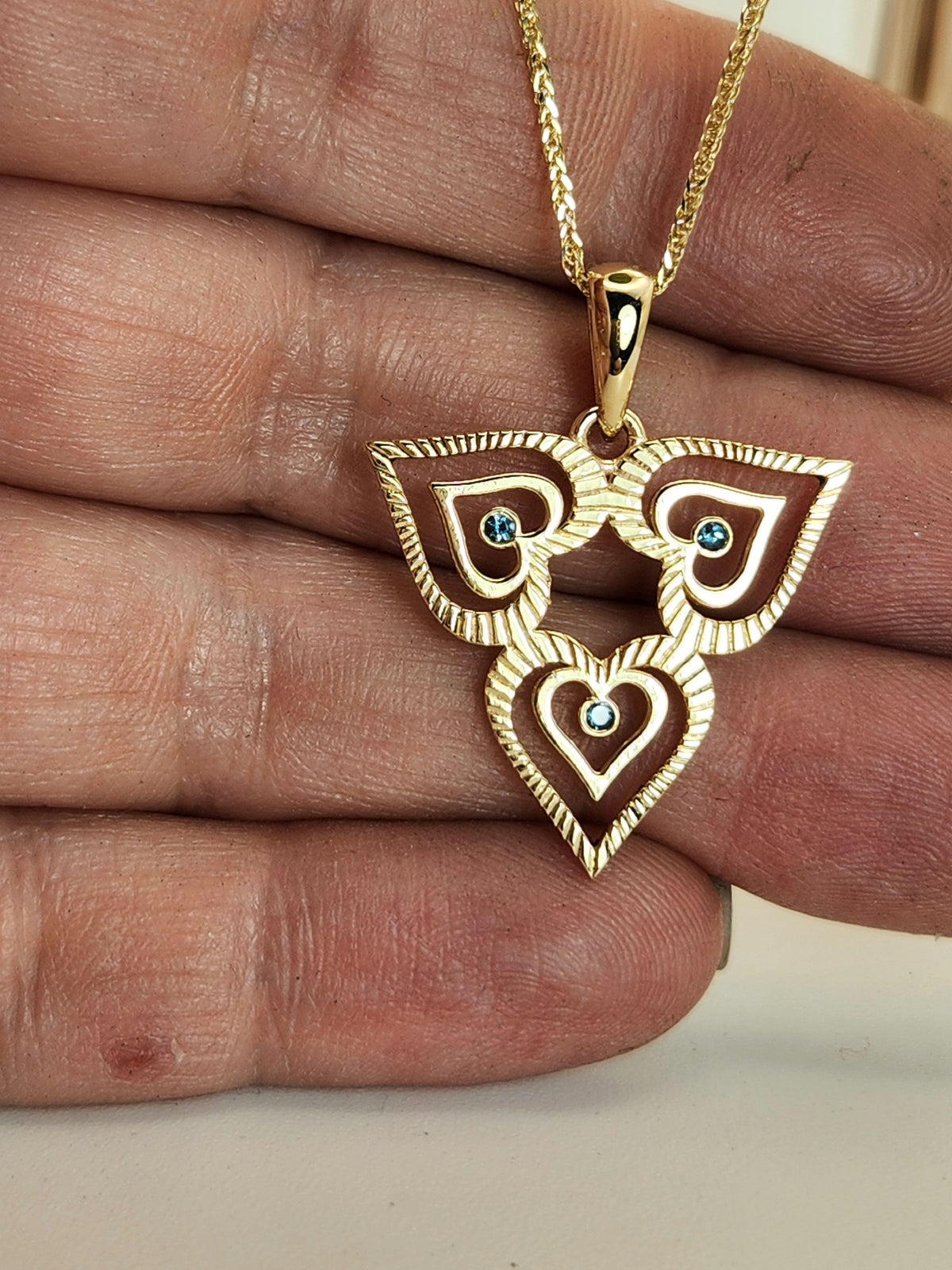 heart necklace 14k gold set with blue topaz comes on a 14k yellow chain