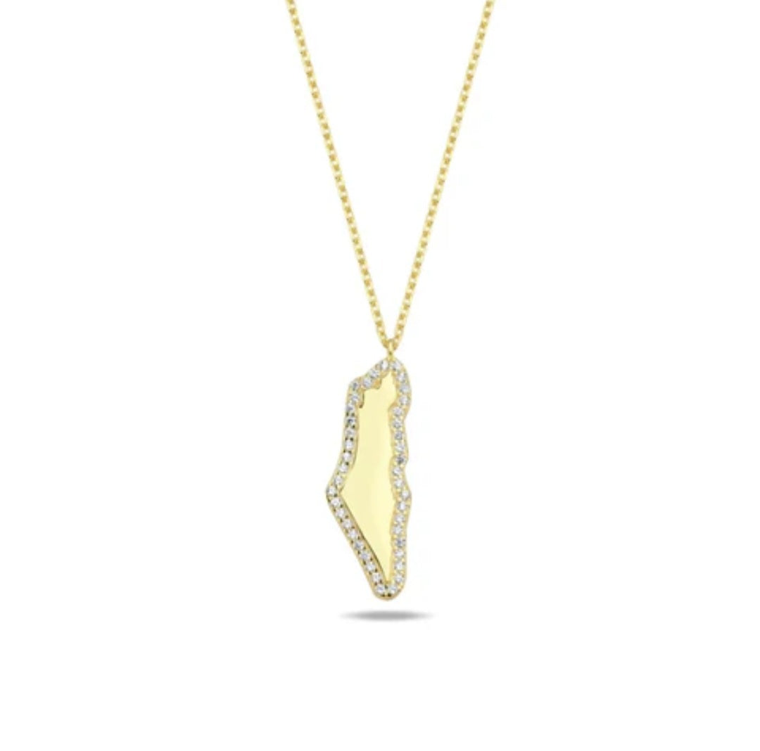 Map of Israel 2.5cm long made from 14k gold set with natural diamonds on chain
