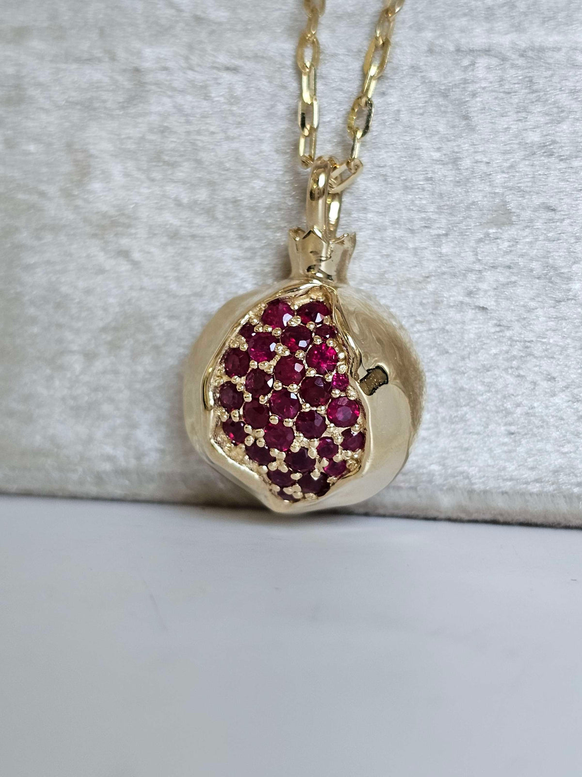 Large pomegranate pendant without a chain pendant only 14k gold set with ruby.