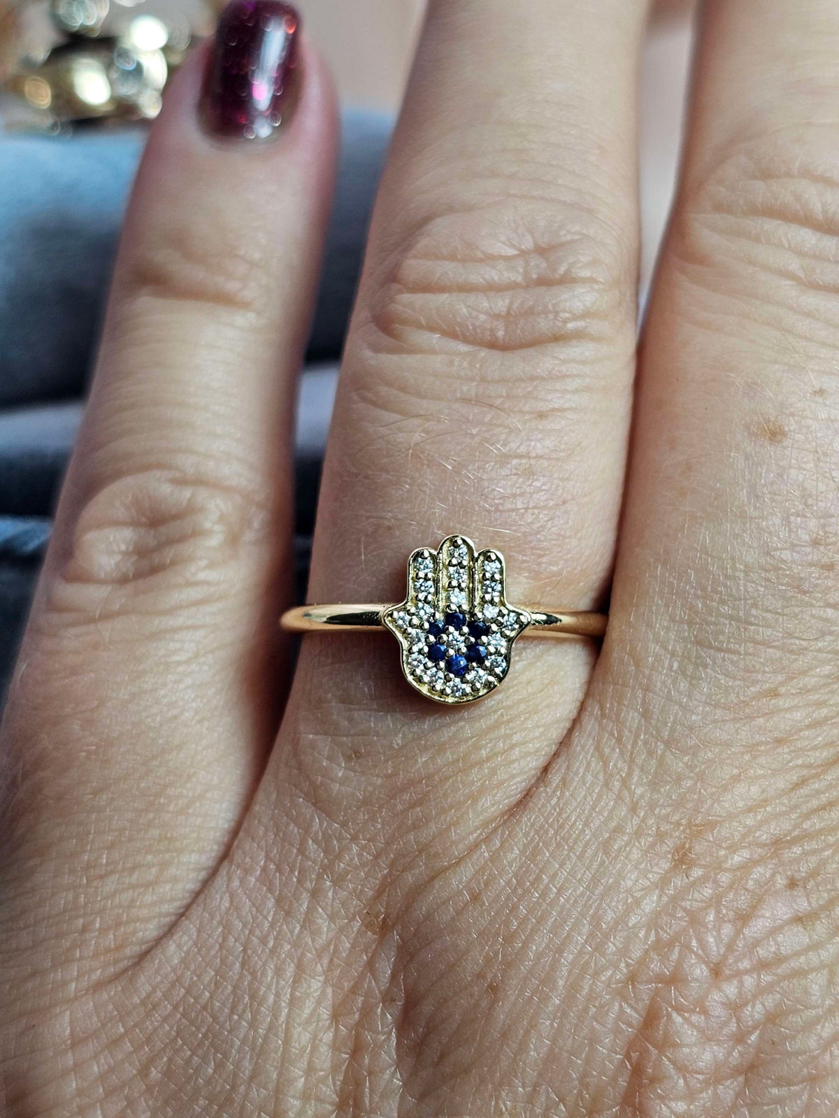 Hamsa ring "Miriam" 14k gold diamonds and sapphires