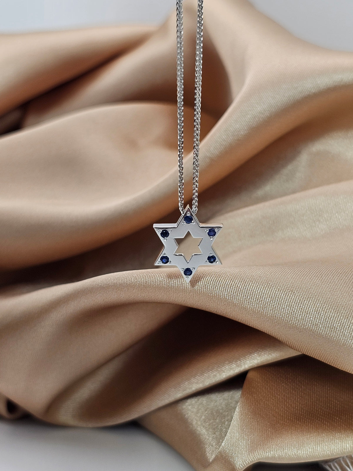 15mm Large Star of David pendant on 14k gold chain set with natural sapphires