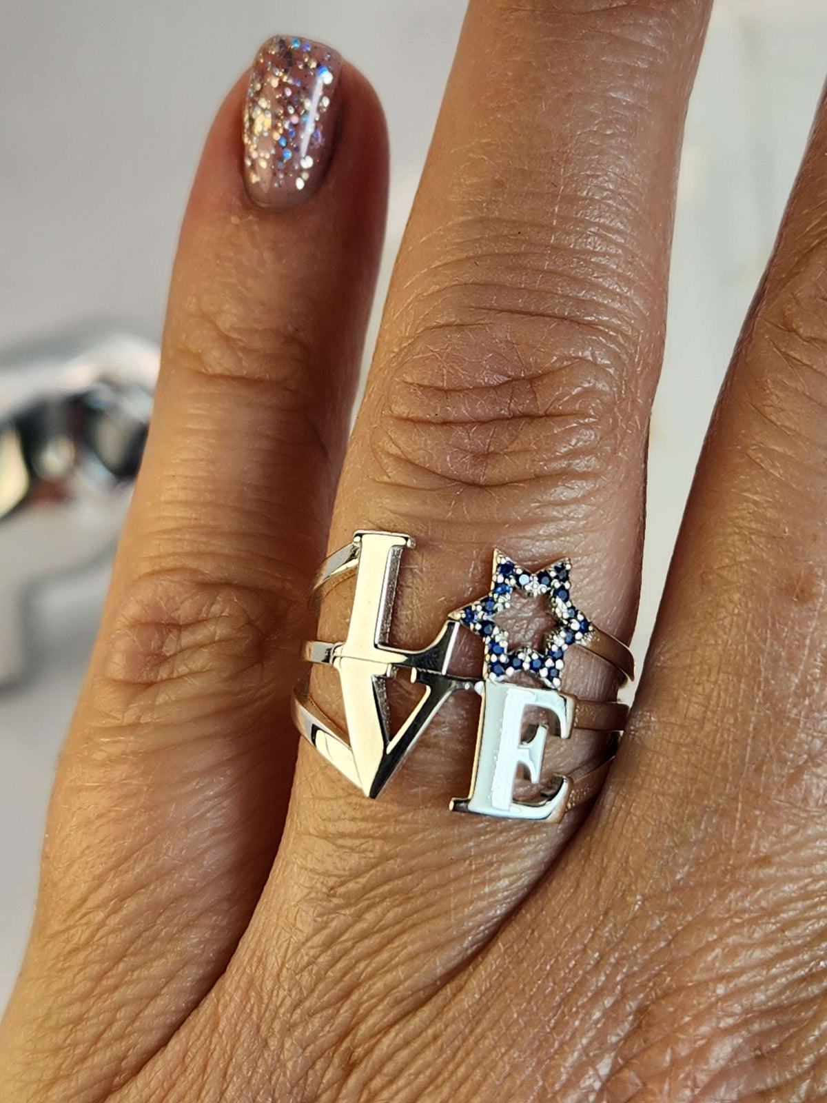 Silver 925 love star of David ring set with Natural sapphires