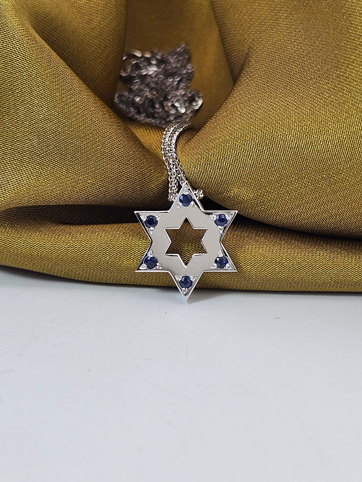15mm Large Star of David pendant on 14k gold chain set with natural sapphires