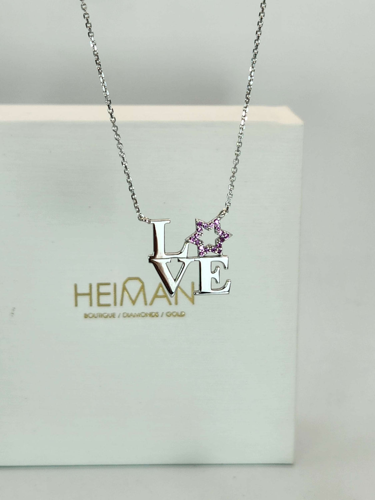 Love star david necklace, set with pink sapphires, 14k white gold