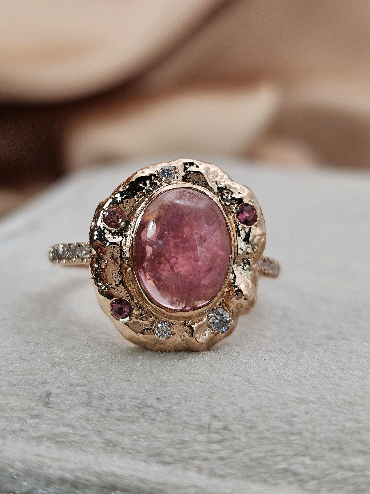 Pink tourmaline ring, 14k rose gold set with natural tourmaline and diamonds.
