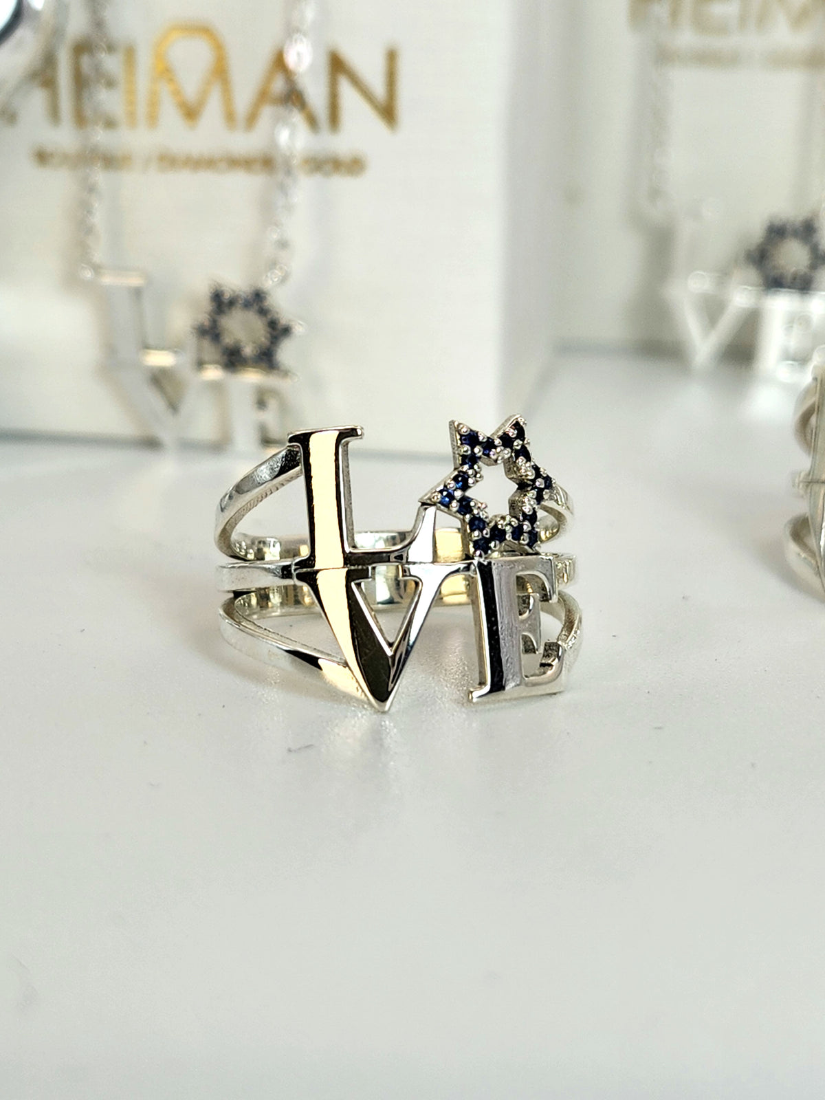 Silver 925 love star of David ring set with Natural sapphires