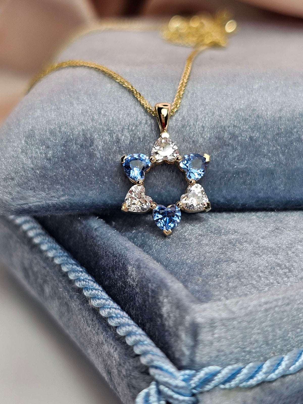 "David in love" 14k gold star of David set with 6 heart shaped cz on 14k chain