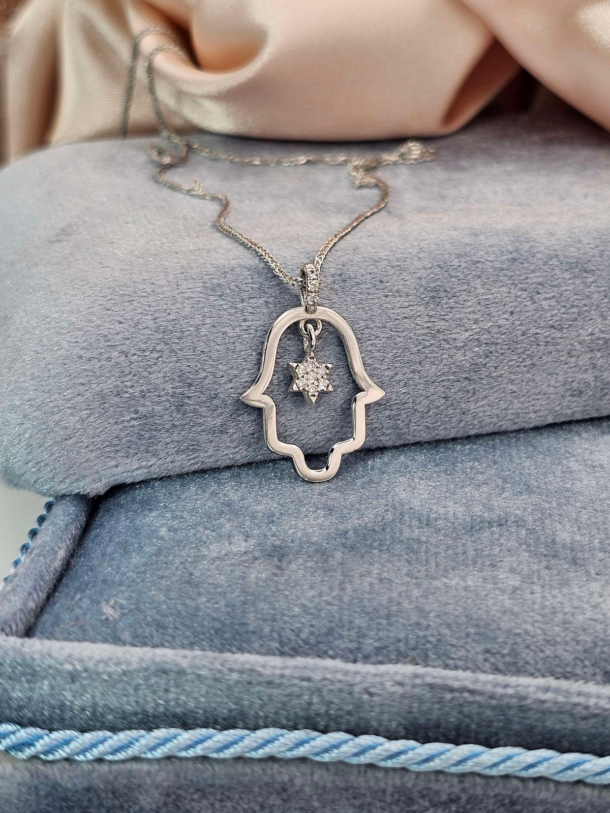 Large Hamsa diamond star of David pendant 14k gold set with natural diamonds