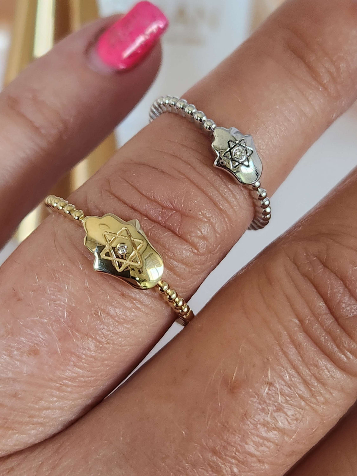 Large hamsa star of David ring 14k gold