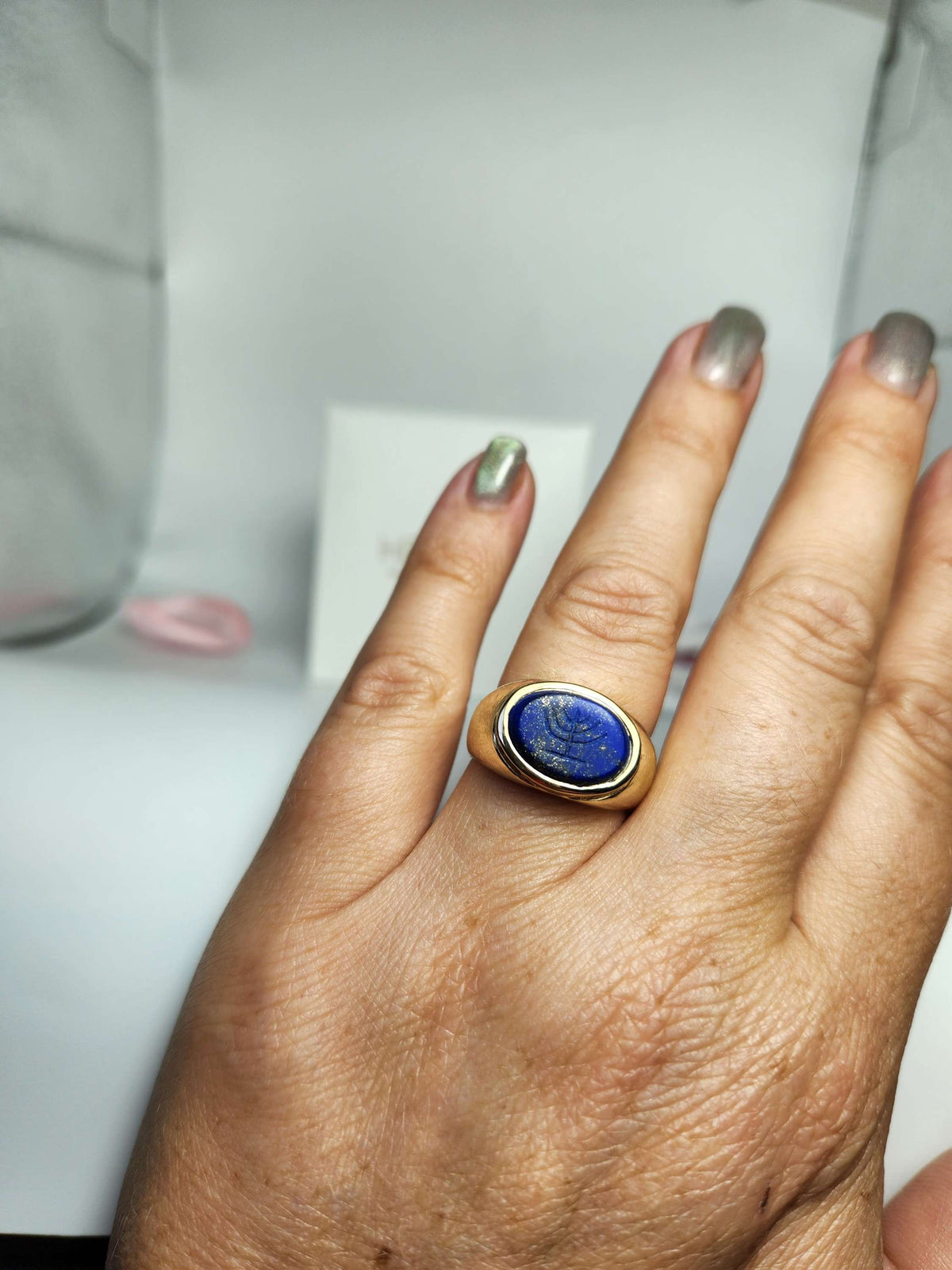 Zack ring 14k gold solid ancient look, set with natural Lapis lazuly engraved