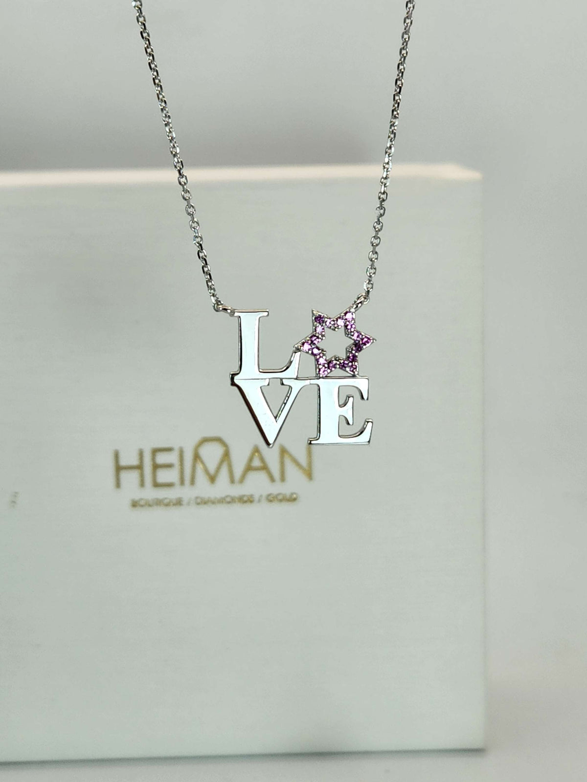 Love star david necklace, set with pink sapphires, 14k white gold