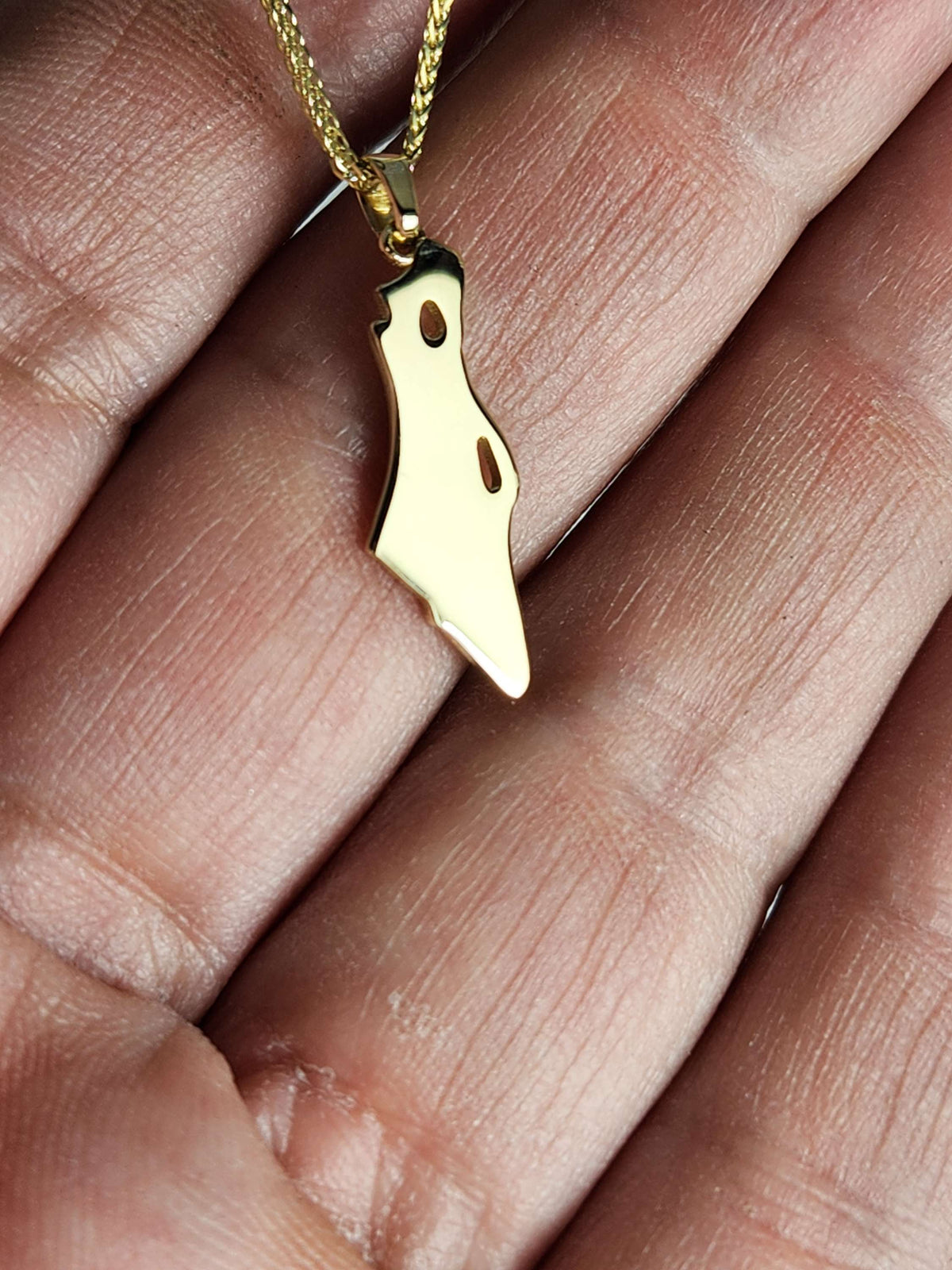 Map of Israel 14k gold pendant comes on a 14k chain small size , unisex piece.