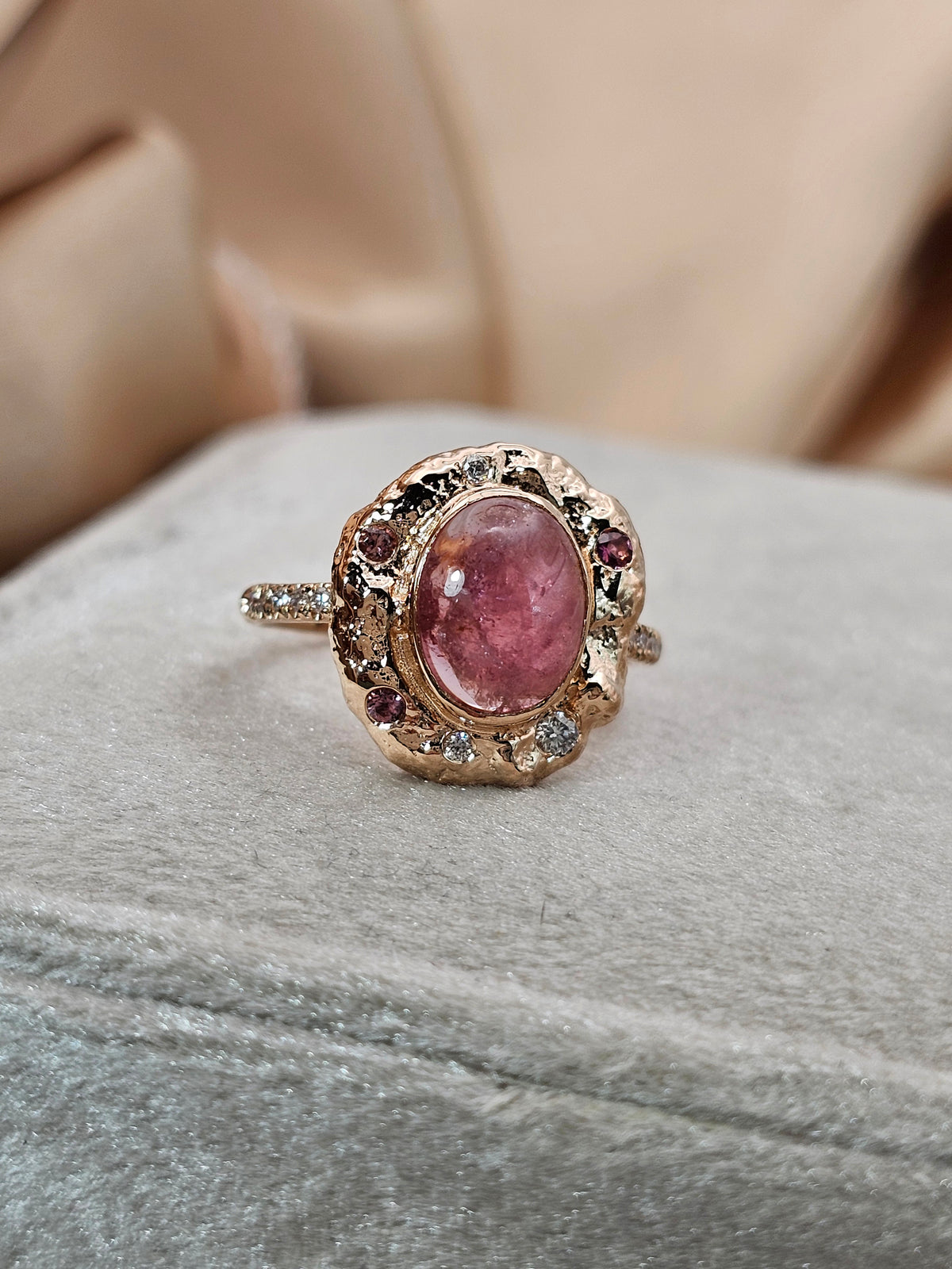 Pink tourmaline ring, 14k rose gold set with natural tourmaline and diamonds.