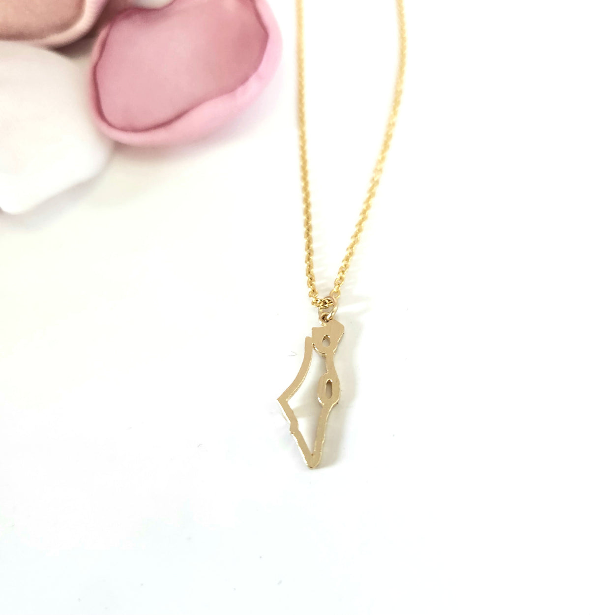 Map of Israel gold pendant small 15 mm long comes on a 14k chain.