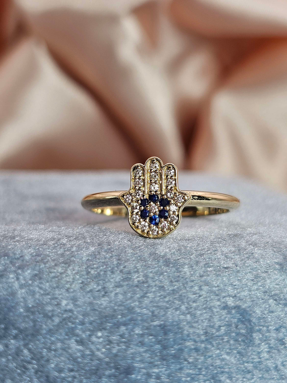 Hamsa ring "Miriam" 14k gold diamonds and sapphires