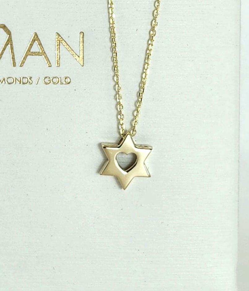 תליון מגן דוד קטן עם לב מזהב צהוב 14k