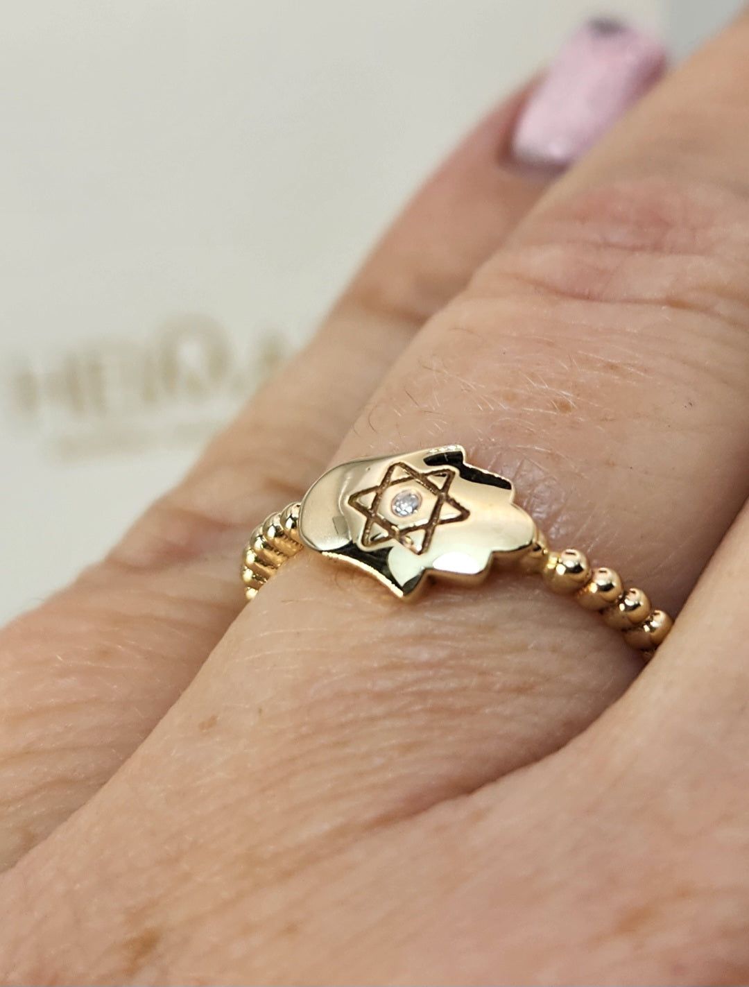 Large hamsa star of David ring 14k gold