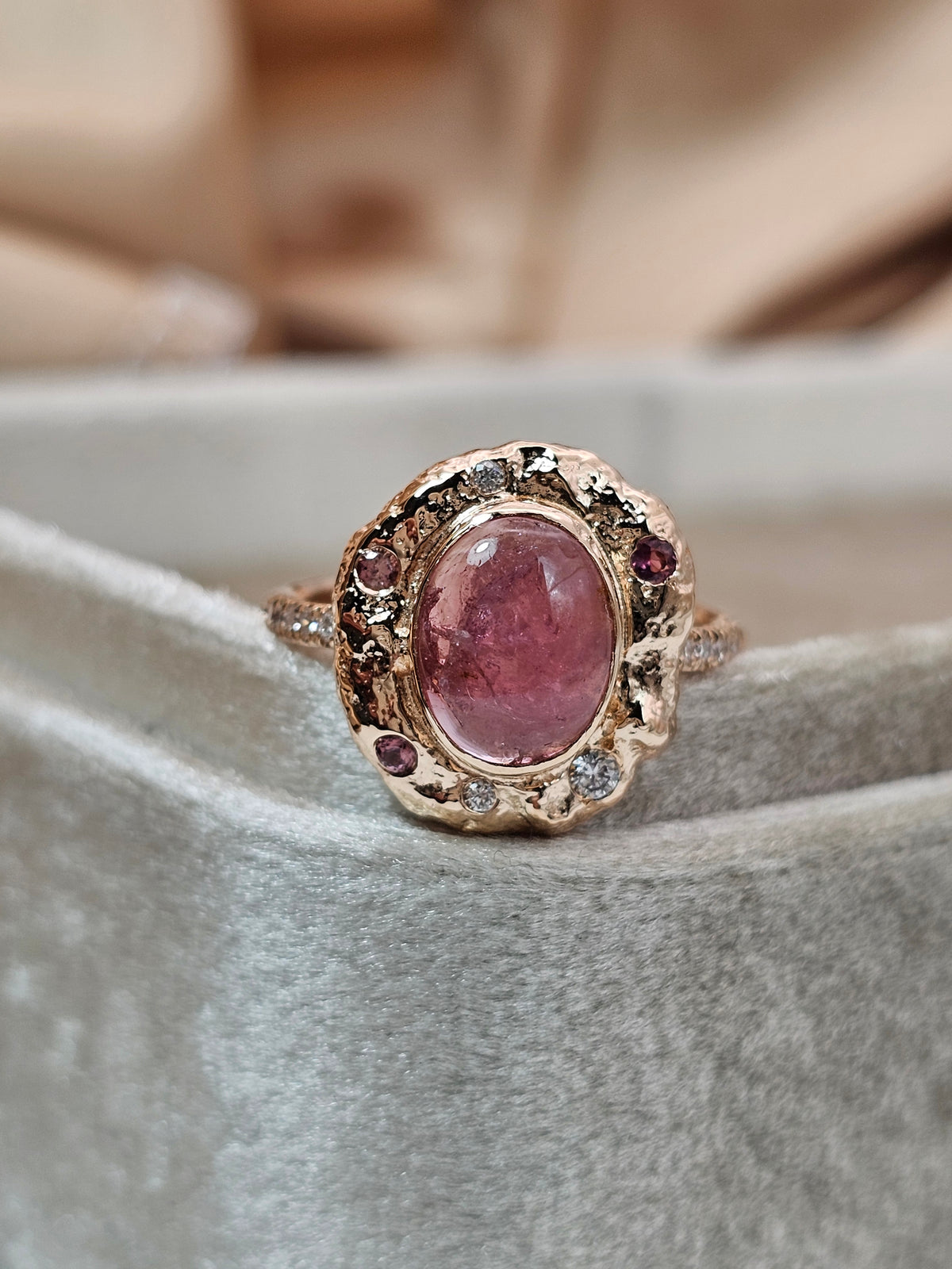 Pink tourmaline ring, 14k rose gold set with natural tourmaline and diamonds.