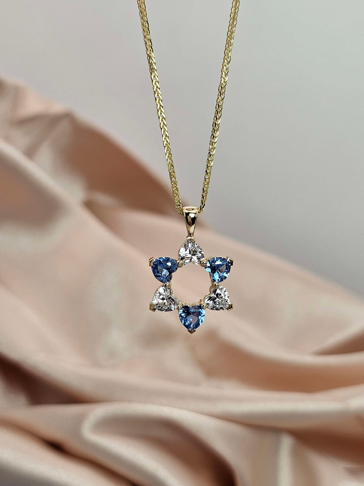 "David in love" 14k gold star of David set with 6 heart shaped cz on 14k chain