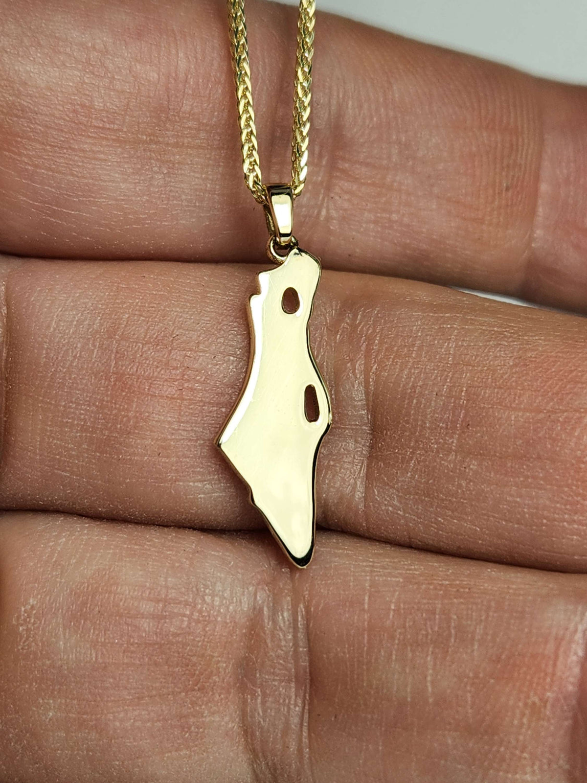 Map of Israel 14k gold pendant comes on a 14k chain small size , unisex piece.