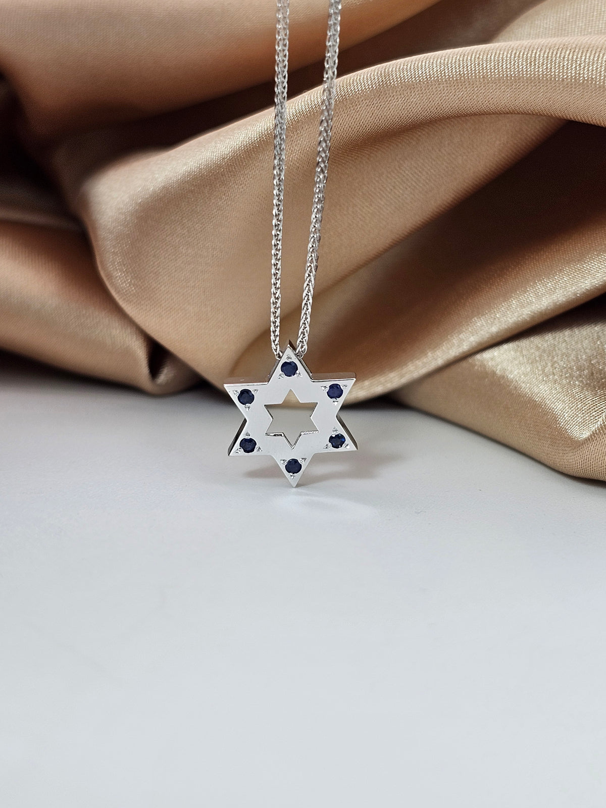 15mm Large Star of David pendant on 14k gold chain set with natural sapphires