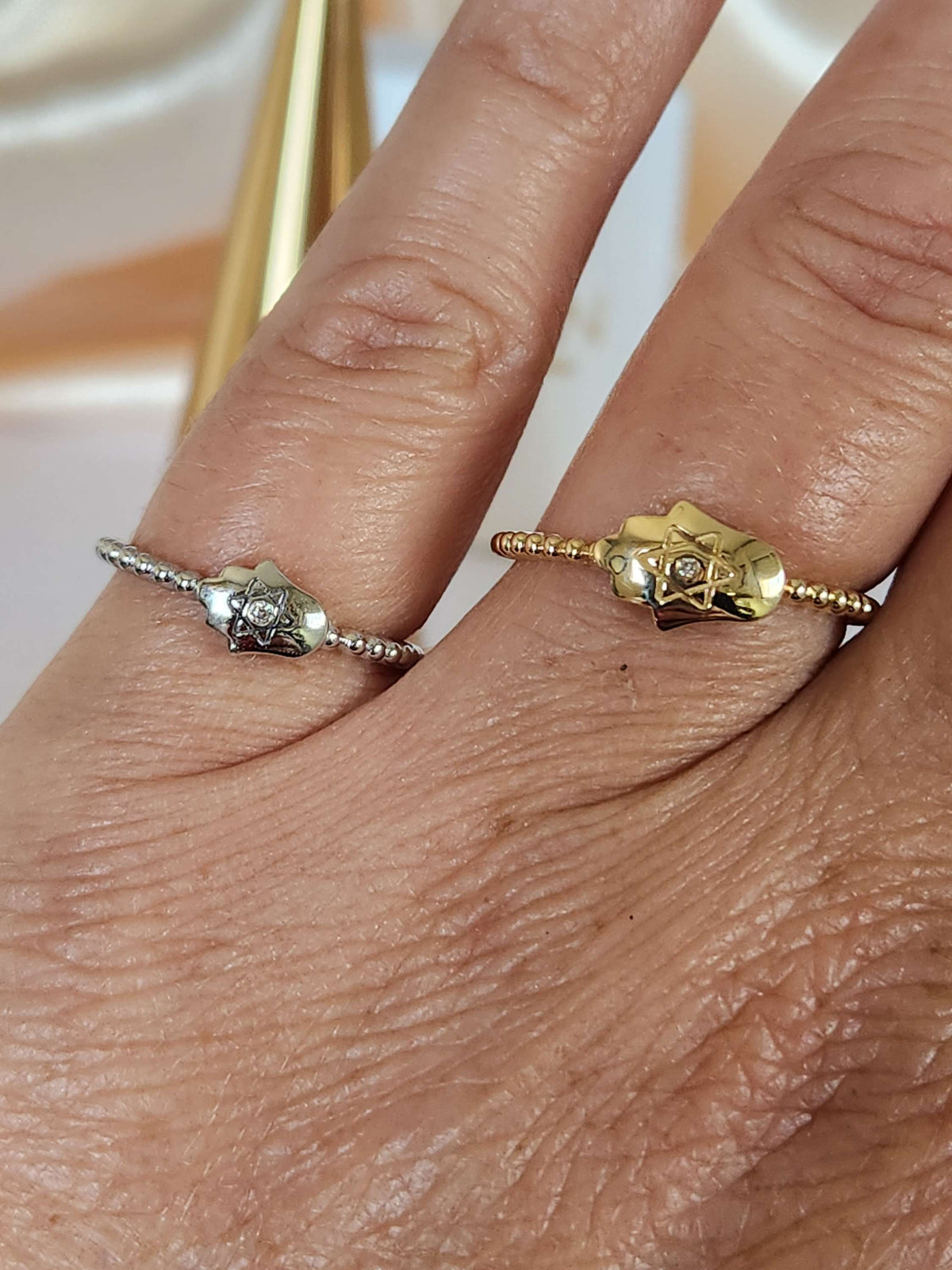 Large hamsa star of David ring 14k gold
