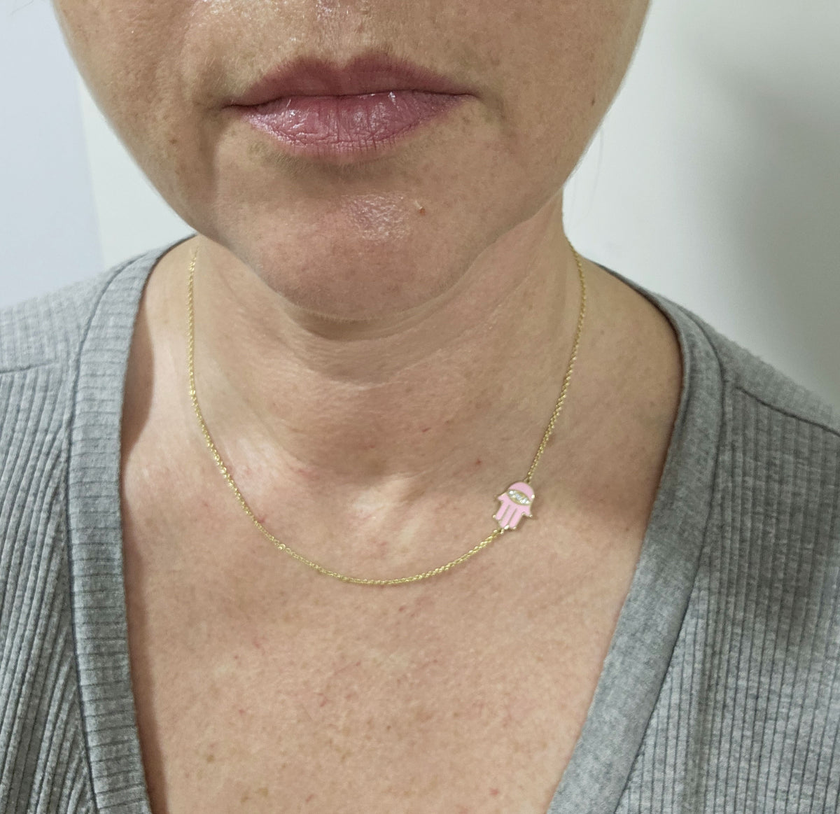 Enamel 14k hamsa necklace set with diamonds on 14k chain