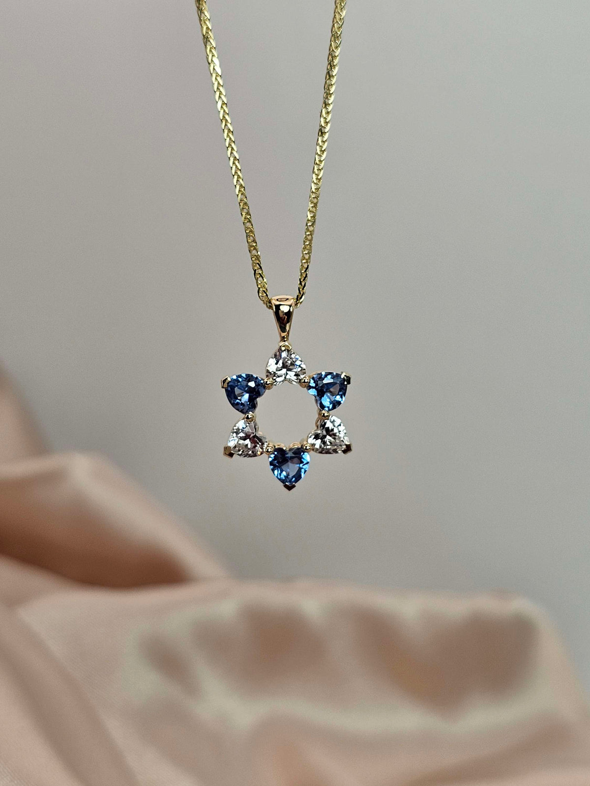 "David in love" 14k gold star of David set with 6 heart shaped cz on 14k chain