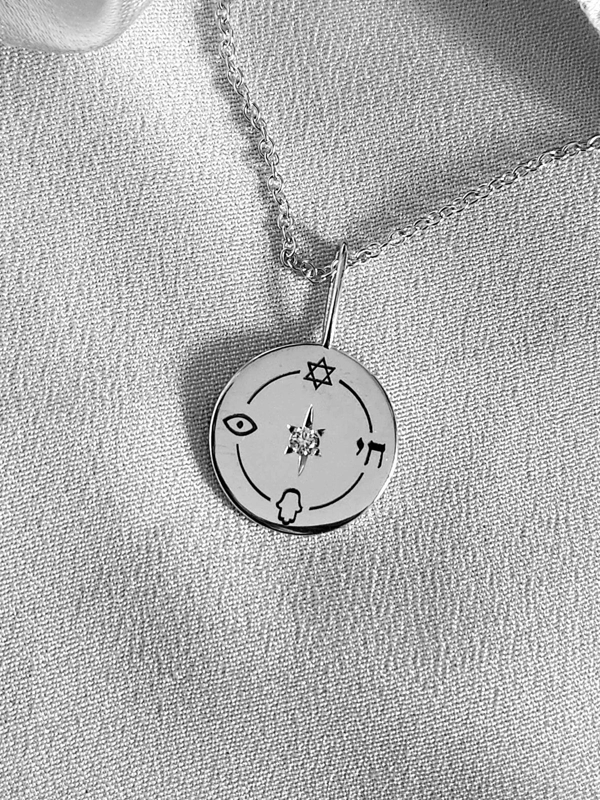 The Jewish Compass Pendant - 925 Silver with CZ on Silver Chain
