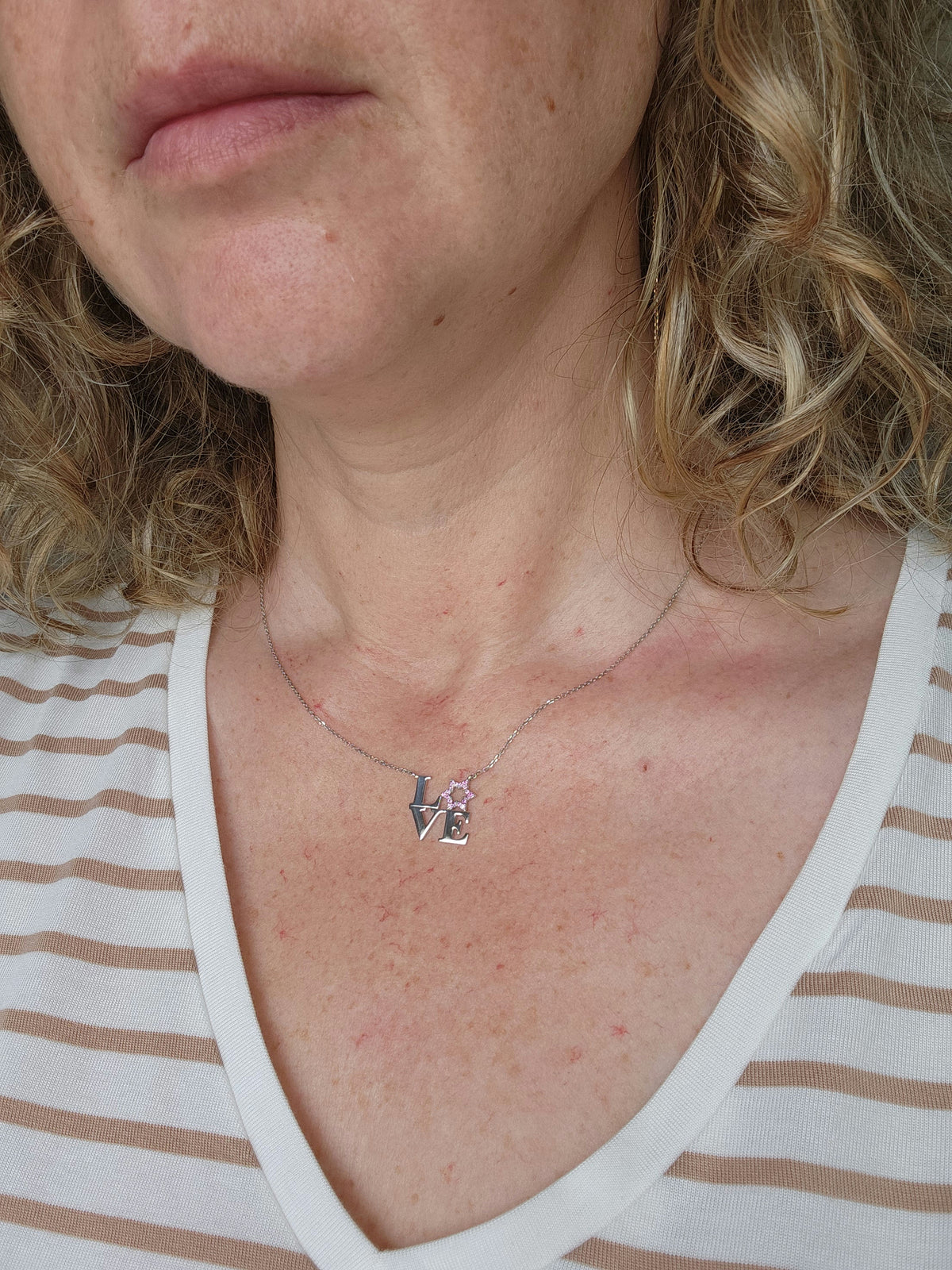 Love star david necklace, set with pink sapphires, 14k white gold