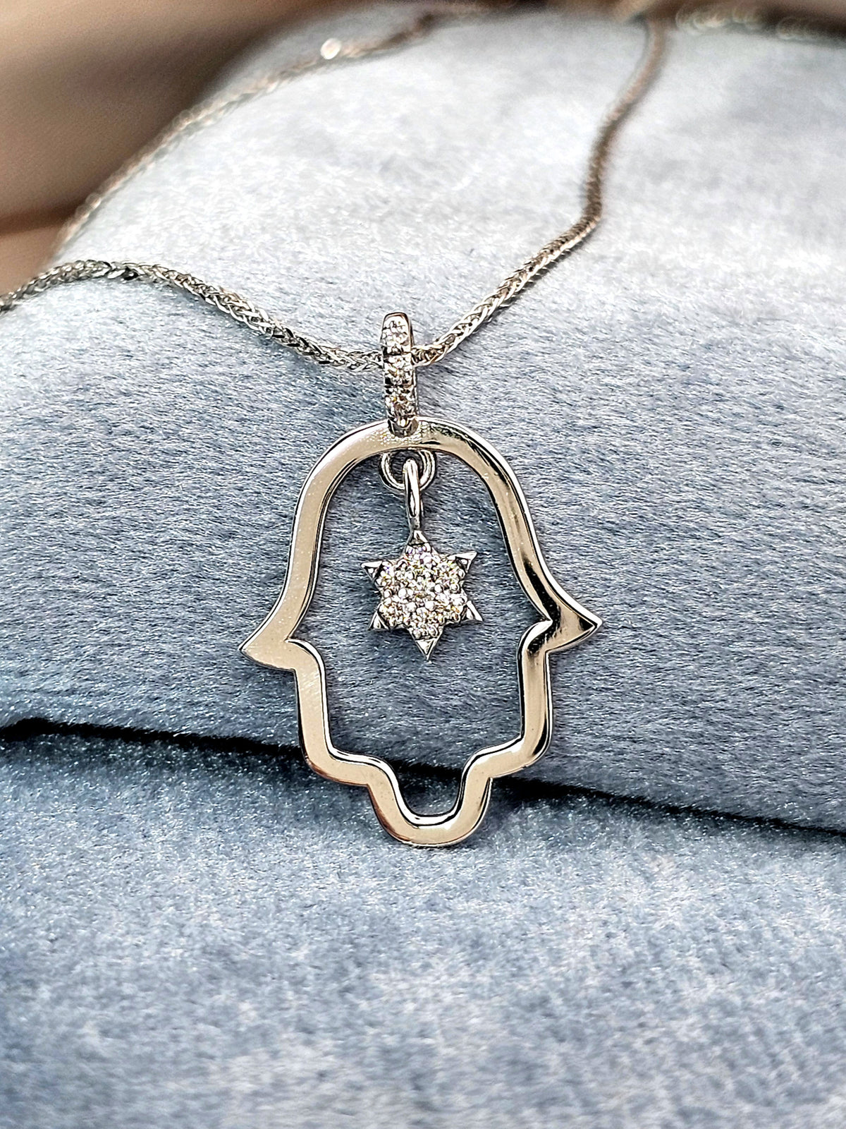Large Hamsa diamond star of David pendant 14k gold set with natural diamonds
