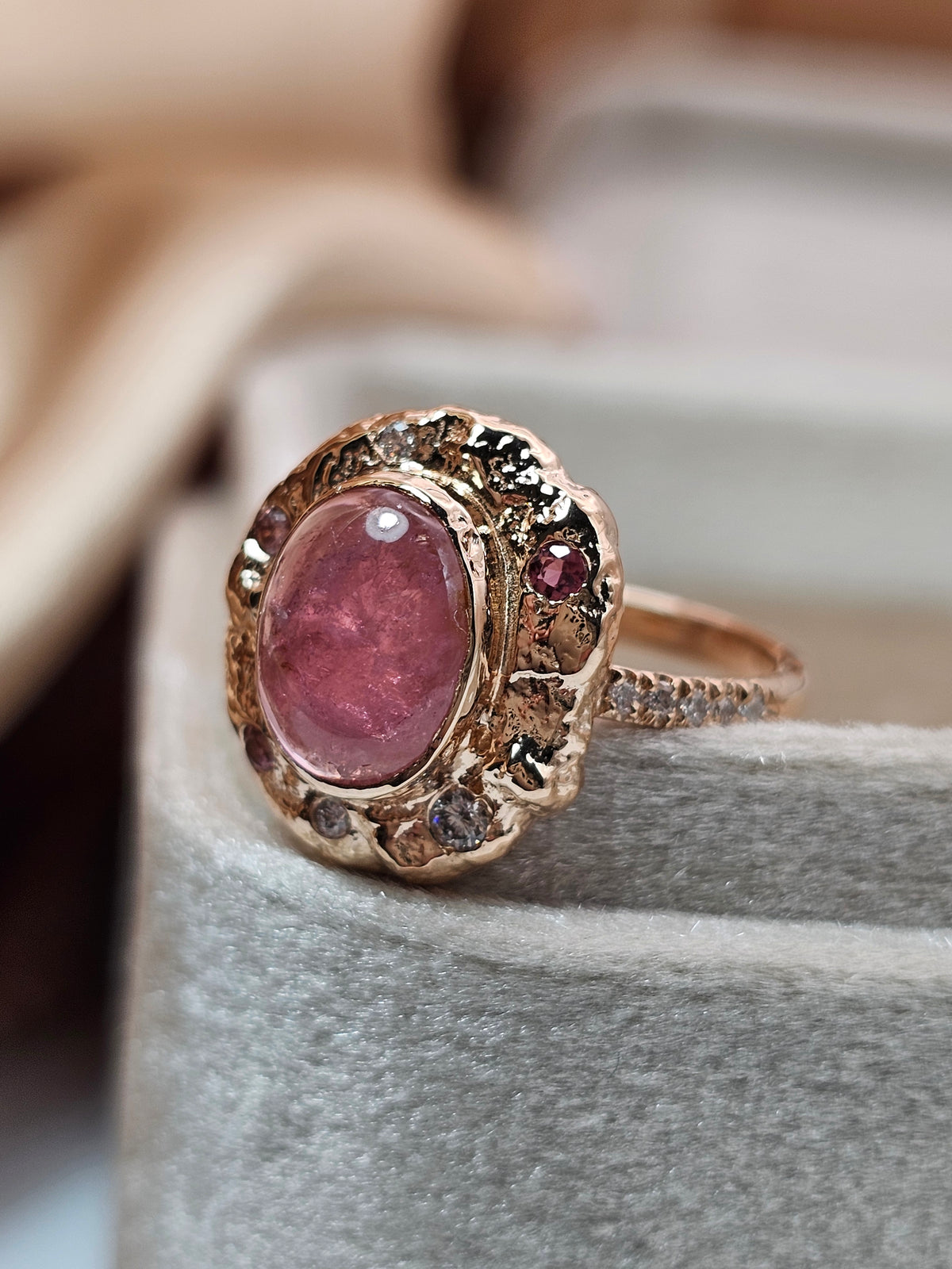 Pink tourmaline ring, 14k rose gold set with natural tourmaline and diamonds.