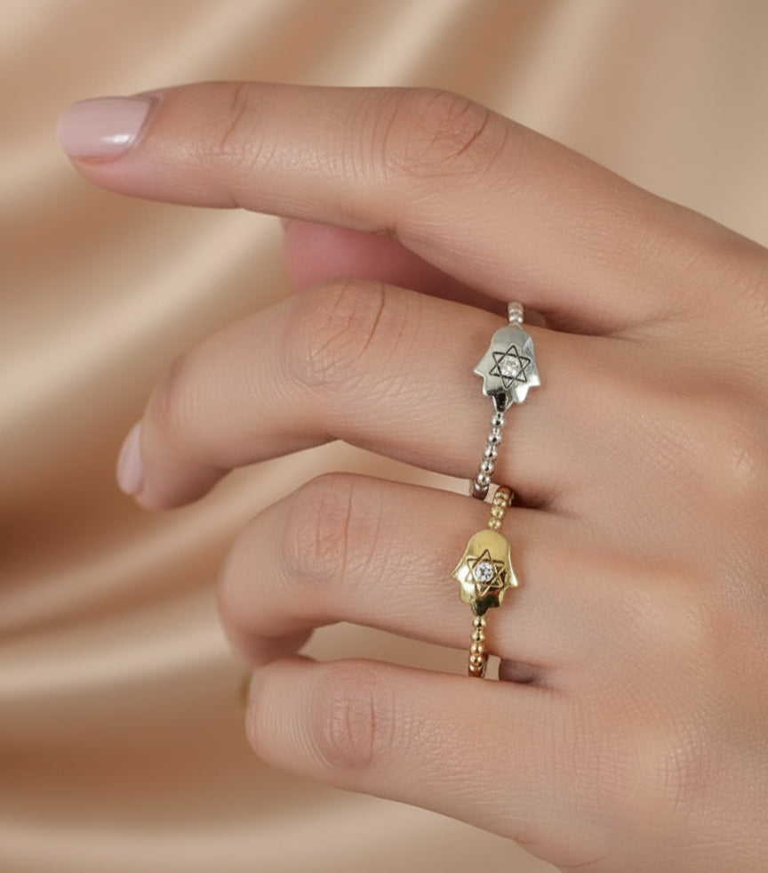 Large hamsa star of David ring 14k gold