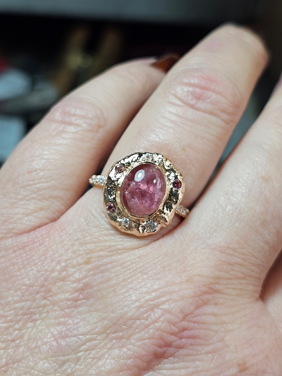 Pink tourmaline ring, 14k rose gold set with natural tourmaline and diamonds.