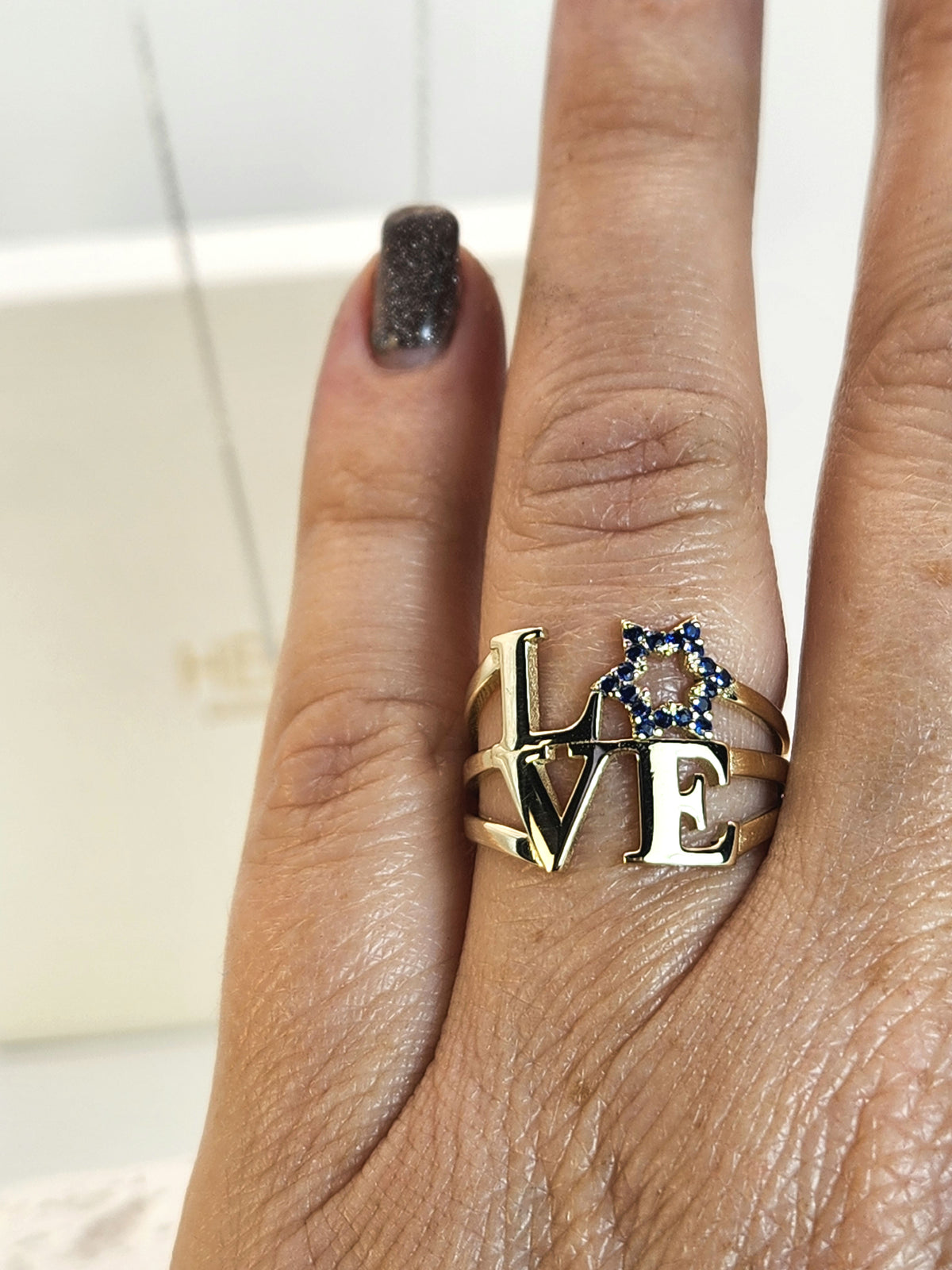 Love ring 14k gold set with blue natural sapphires